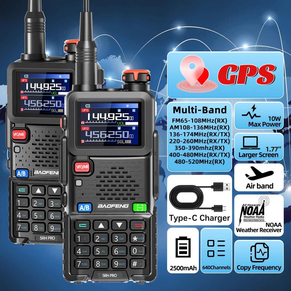 Baofeng Ham Radio 5RH Pro GPS 10W Long Range Walkie Talkie 2 Pack