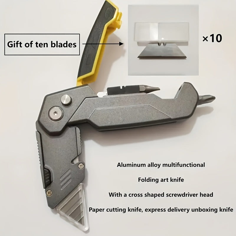 Folding Utility Knife Aluminum Alloy Multifunctional EDC Box Cutter with Screwdriver Blades 10 Replacement Blades for DIY Camping Outdoor