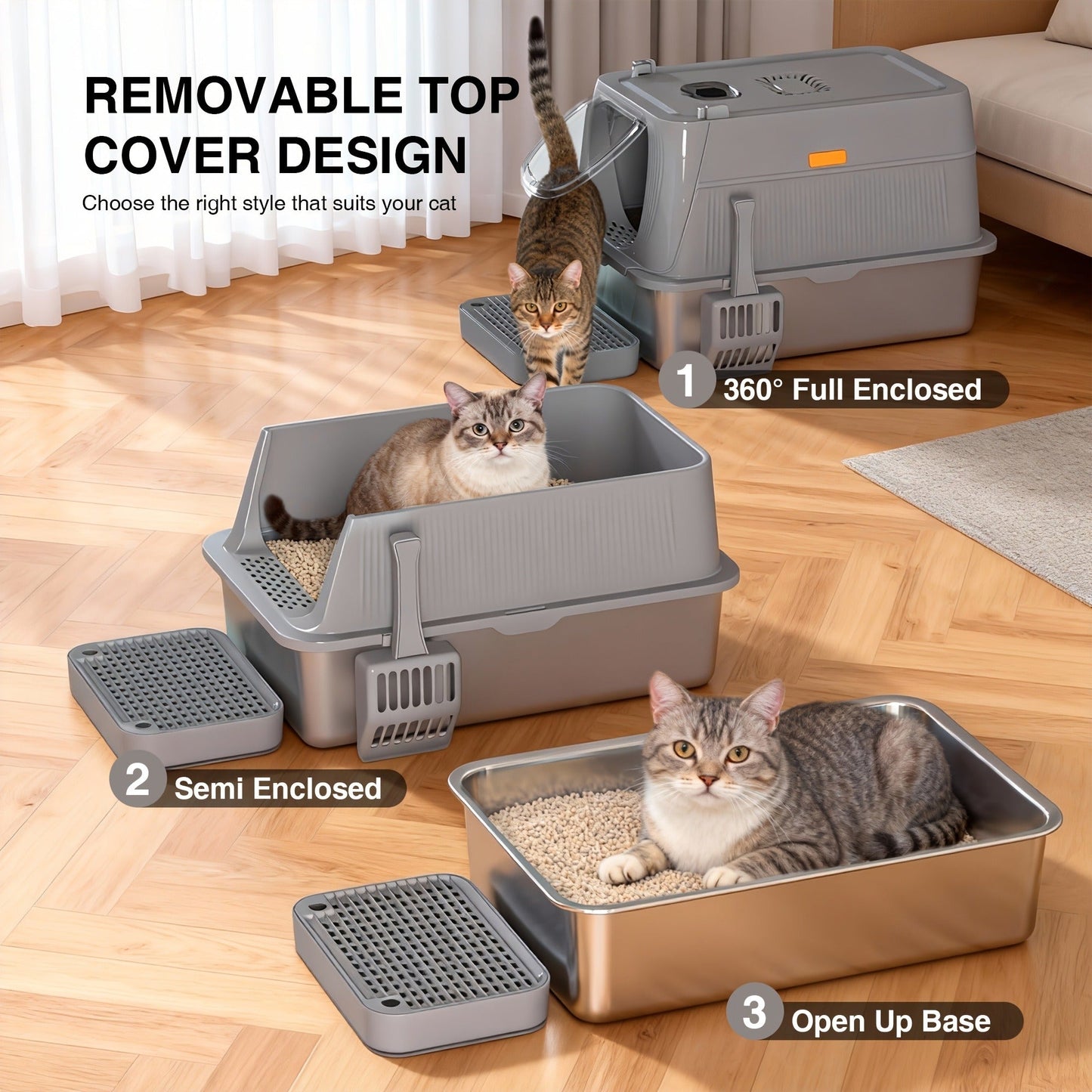 Extra Large Enclosed Cat Litter Box - Stainless Steel with Front Flap Door, Foldable Anti-Splash Fully Covered Design, Superior Odor Control Indoor Cat Toilet, 3 Colors, CITYLIFE Oversized