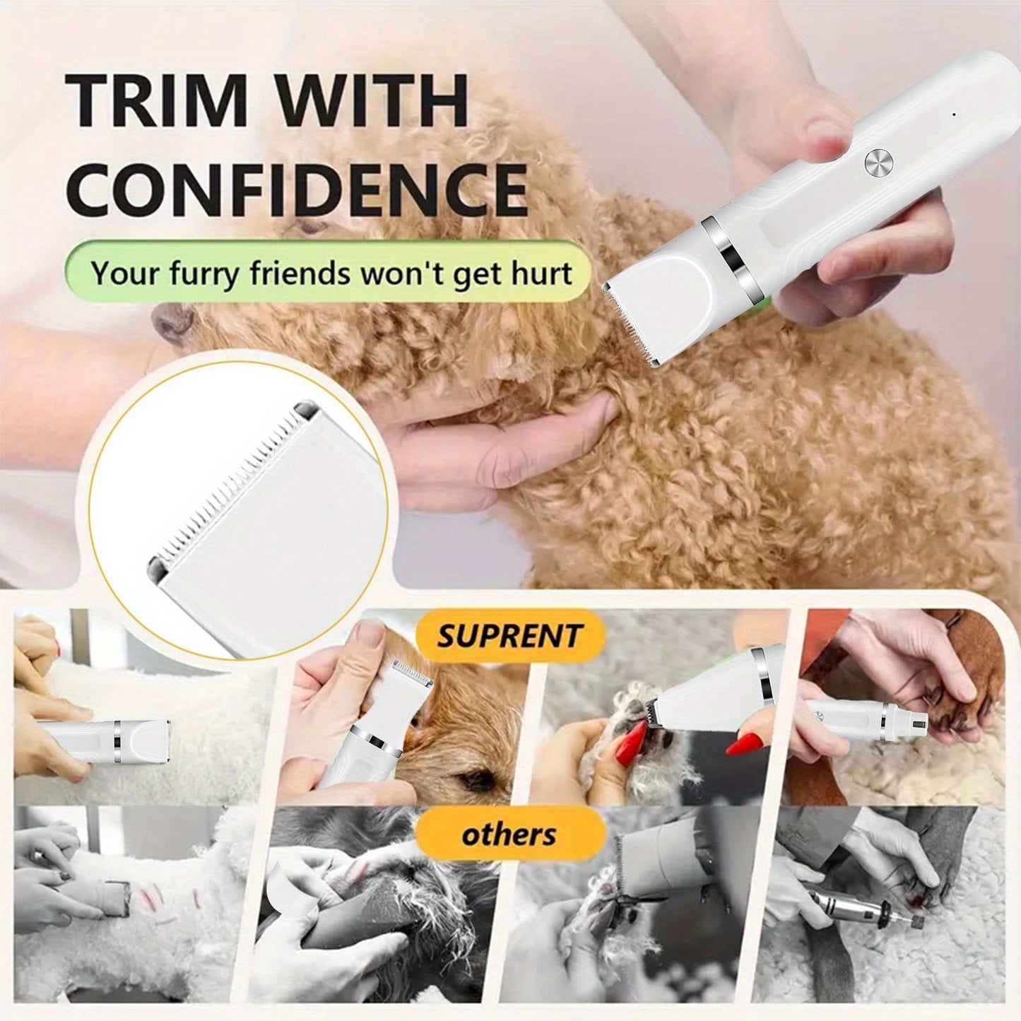 Pet Hair Clipper 4-in-1 Cordless Grooming Kit with Nail Trimmer Limit Combs USB Rechargeable for Dogs Cats Small Animals Thick Coat