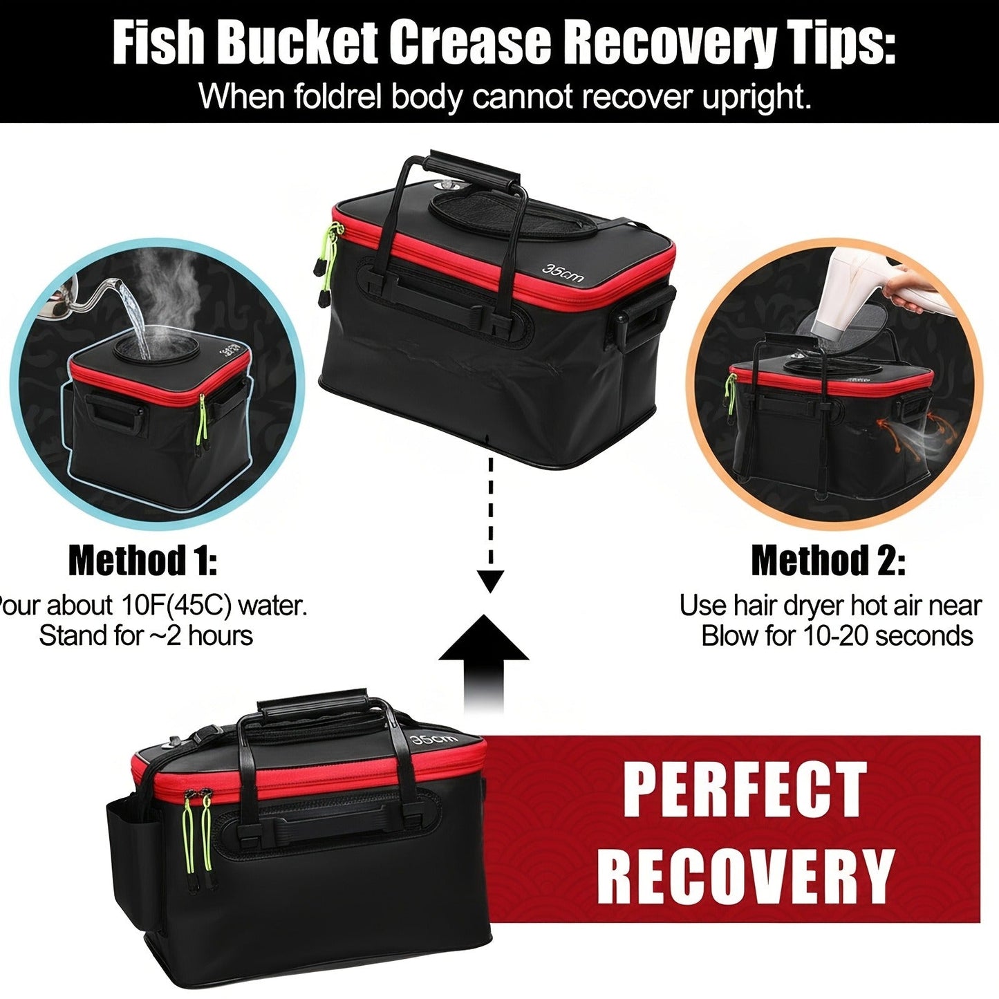 Collapsible Fishing Bucket 4 Gallon with Live Bait Aerator 2-Pack Portable EVA Foldable Bucket Quiet Aeration Ergonomic Handle Mesh Pocket for Fishing Camping Hunting