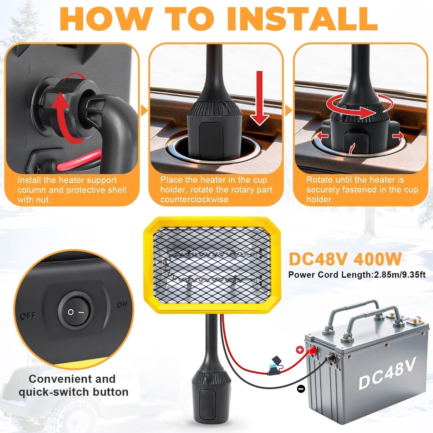 400W Electric Golf Cart Heater Carbon Fiber Fast Heating 360° Adjustable Angle Battery Powered Portable Heater with Cup Holder Adapter Compatible with 48V Golf Cart Systems Golf Cart Accessories