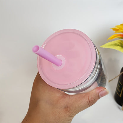 Clear Plastic Snow Globe Tumblers 16oz Double Wall Bulk Set 25 or 50 Cups Pre-Drilled Hole Colored Lid Straw for Iced Coffee Boba Soda Party DIY Customization