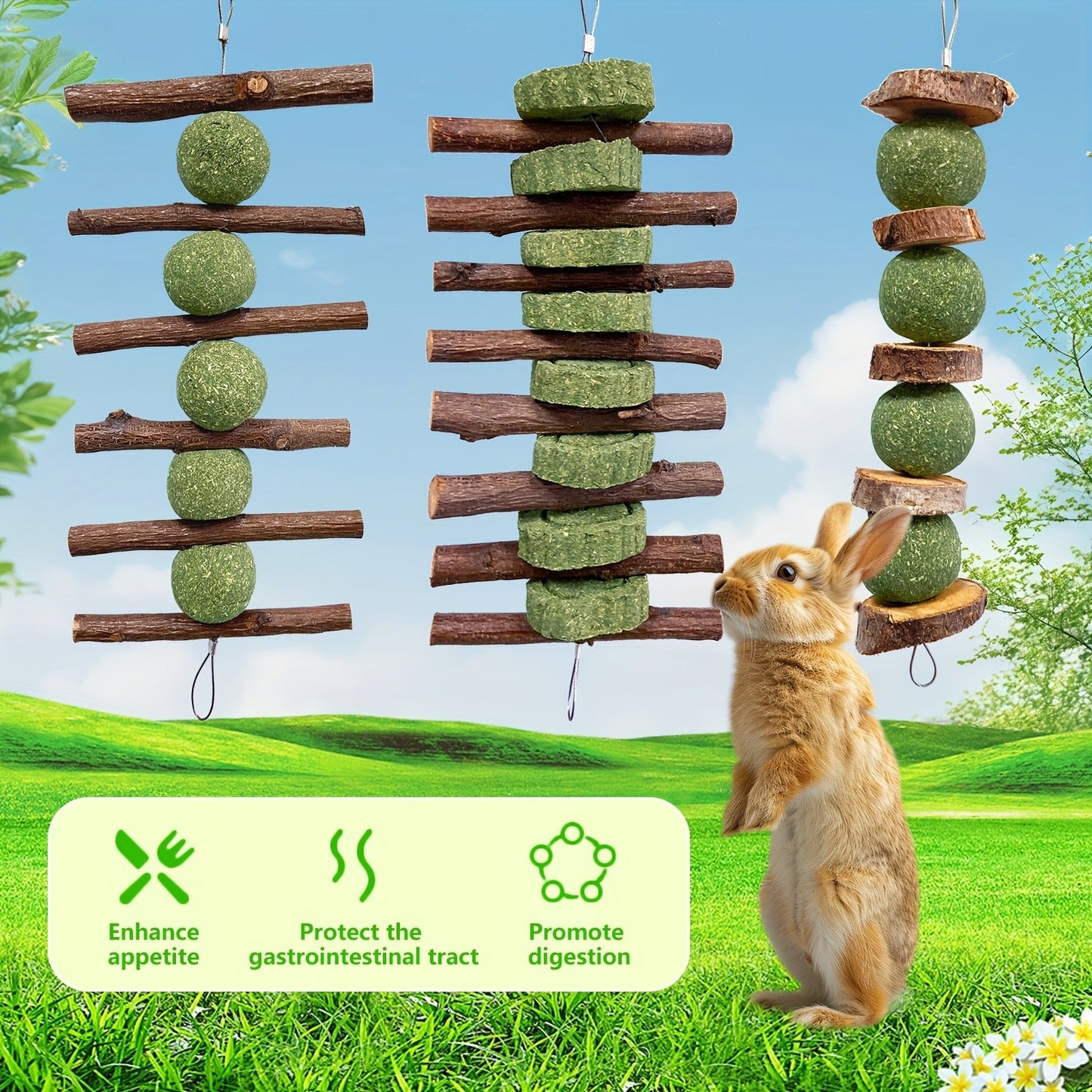Grass Cake Chew Toys 3pcs – Natural Woven Hay Cake Teeth Grinding Strings for Hamsters, Rabbits & Small Pets, Dental Care Foraging Enrichment Toy