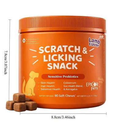 Dog Omega 3 Skin & Coat Chews 90ct – Lamb Flavor Soft Pellets with Probiotics for Itching, Scratching & Licking Relief, Fur Care Supplement for Dogs of All Ages & Breeds