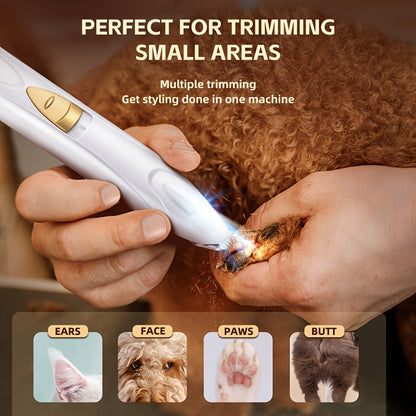 Dog Grooming Kit Electric Paw Trimmer with LED Light – USB Rechargeable Professional Dog Clippers, Low Noise Shaver for Dogs & Cats, Trims Eyes Face Ears Paws, Safe Home Grooming Tool