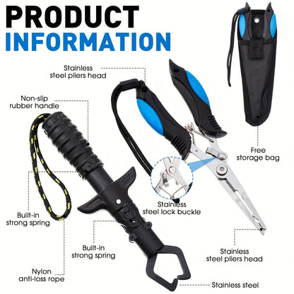 Fishing Tool Kit 10-Piece – Fishing Pliers with Lanyard & Sheath, Landing Net, Fillet Knife, Fish Scale, Gripper, Hook Remover, Braid Scissors & Gloves, Complete Angler Gift Set (Blue)