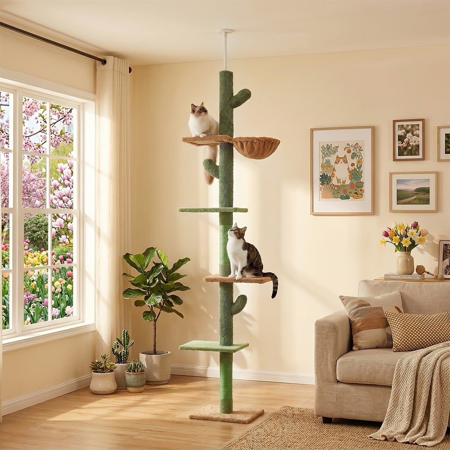 Floor to Ceiling Cat Tree Tower 90–107" – 4-Tier Tall Adjustable Cat Climbing Post with Tension Rod | Ceiling-Mounted Stable Cat Activity Center for Indoor Cats, Multiple Colors