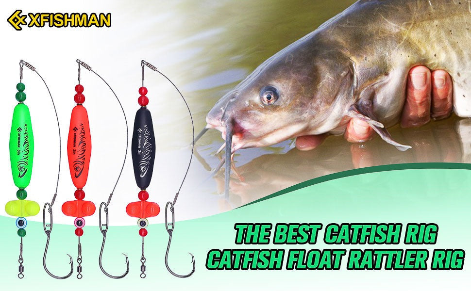 Catfish Rig Santee Cooper Float with Rattler 4pcs Set, Catfishing Tackle Rattle Float Rig for Bank Fishing, High-Quality Circle Hooks Sound Wave Lure for Freshwater Catfish, 2.5 Inch Green