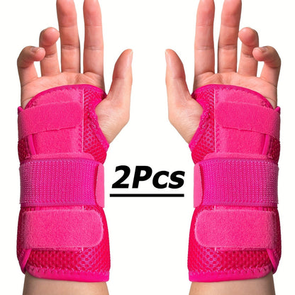 Wrist Brace with Double Splint Support & Triple Compression – 1 Pair Breathable Hook-and-Loop Wrist Guard for Sports, Daily Wear & Injury Recovery, Unisex, Pink / Rose Red / Blue