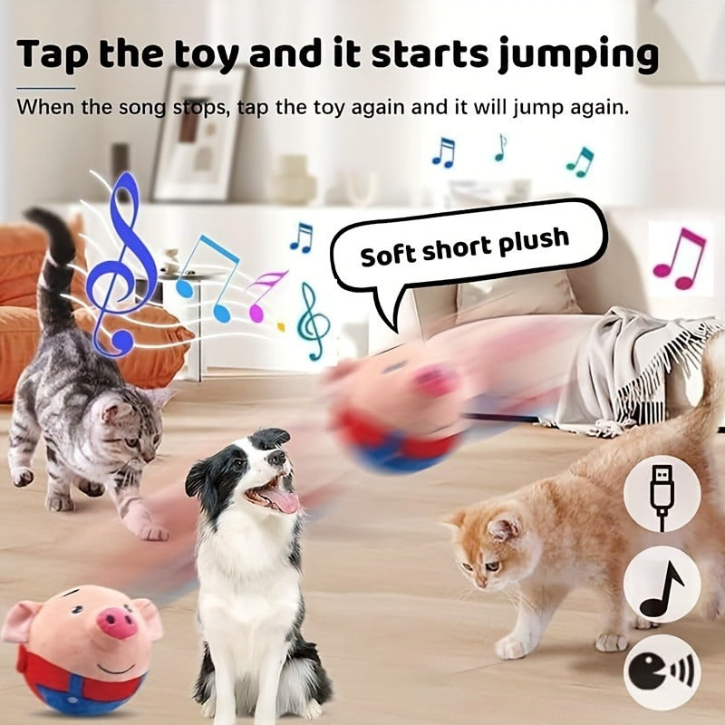 Electronic Rolling Dog Toy Ball - USB Rechargeable Cartoon Pig Plush Toy with Jumping Vibration & Sound, Automatic Self-Moving Washable Interactive Toy for Active Dogs & Puppies