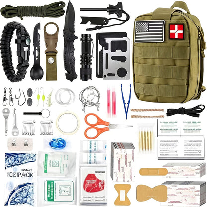 217 Piece Survival Kit with First Aid Kit & Molle Storage Bag - Emergency Gear Set for Camping, Hiking, Outdoor Adventure, Home & Office, Perfect Gift for Men, Dad, Husband, Son - Orange Green Khaki Black Red Camouflage