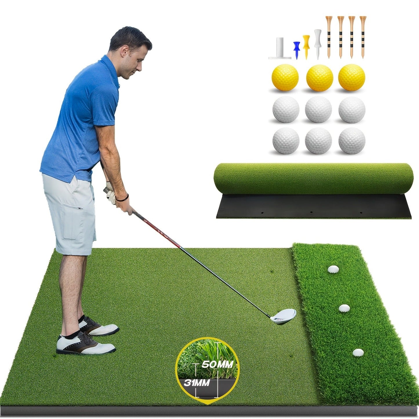 Golf Hitting Mat with Artificial Turf & Non-Slip EVA Base, Indoor Outdoor Golf Practice Mat Set with 9 Golf Balls 8 Tees & Rubber Tee, High-Elastic Chipping Driving Training Mat for All Skill Levels