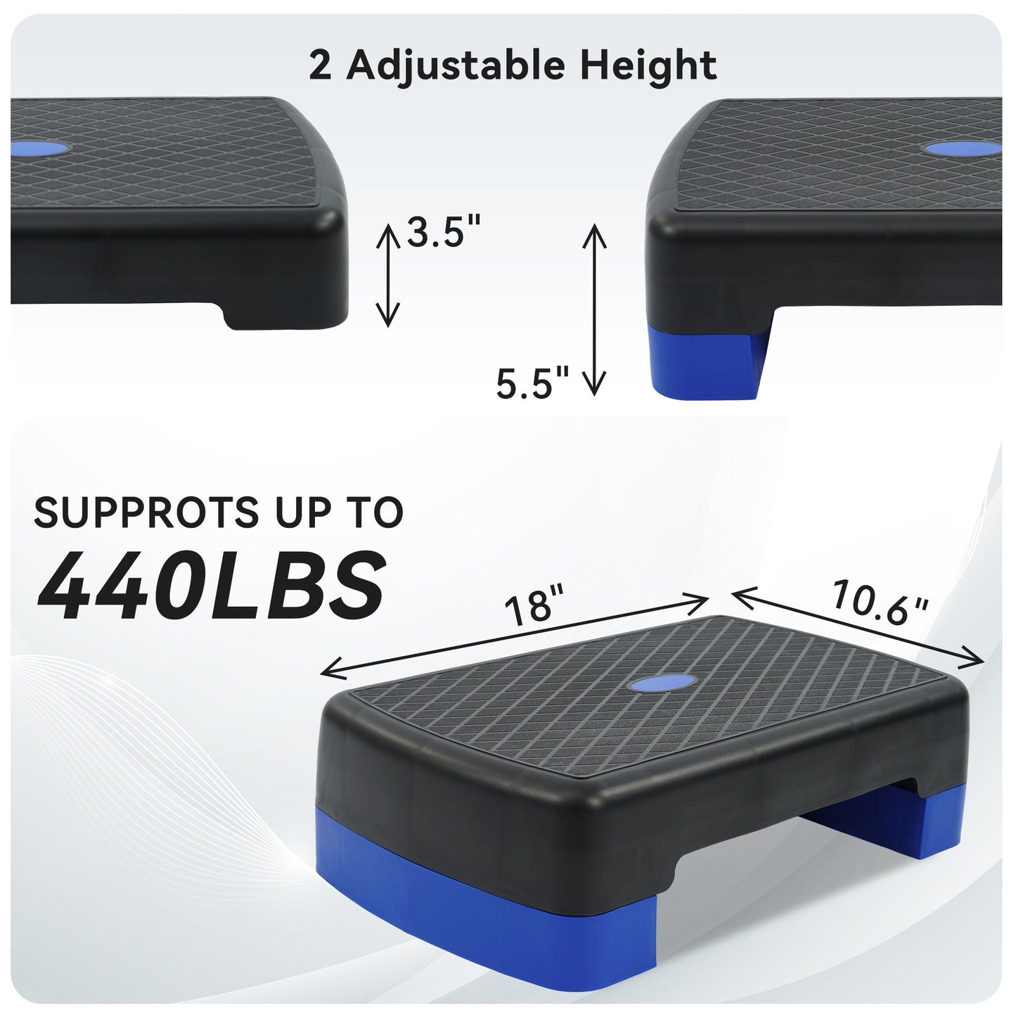 Aerobic Step Platform Adjustable Height with 2 Risers – Non-Slip Workout Stepper 18"x11", 440 LB Capacity, Space-Saving Design for Home Gym Cardio, Strength & Toning, 4 Color Options