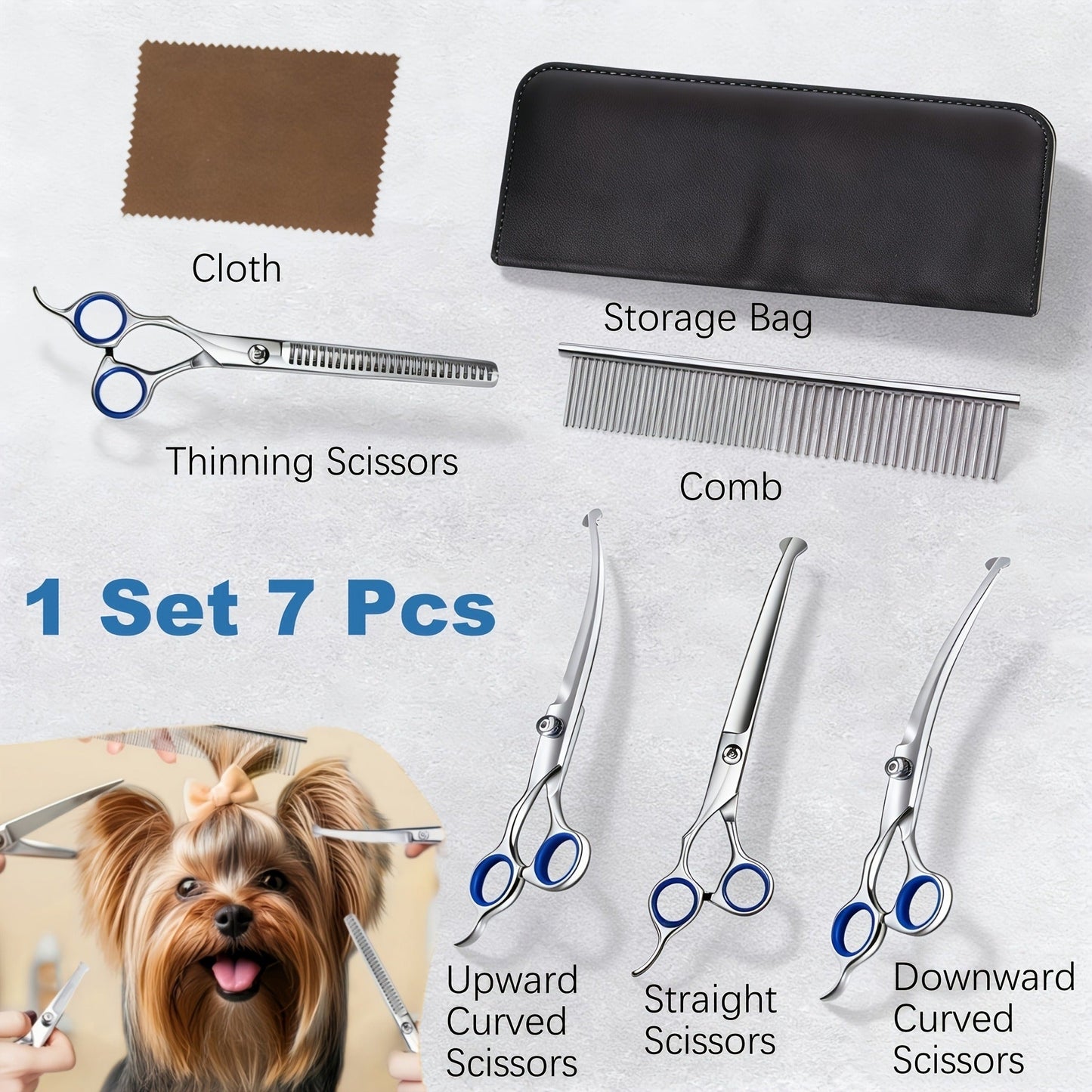 Dog Grooming Scissors Set 7-in-1 Professional Ceramic Coated Stainless Steel Safety Round Tip Straight Thinning Curved Scissors Comb Kit for Dogs Cats
