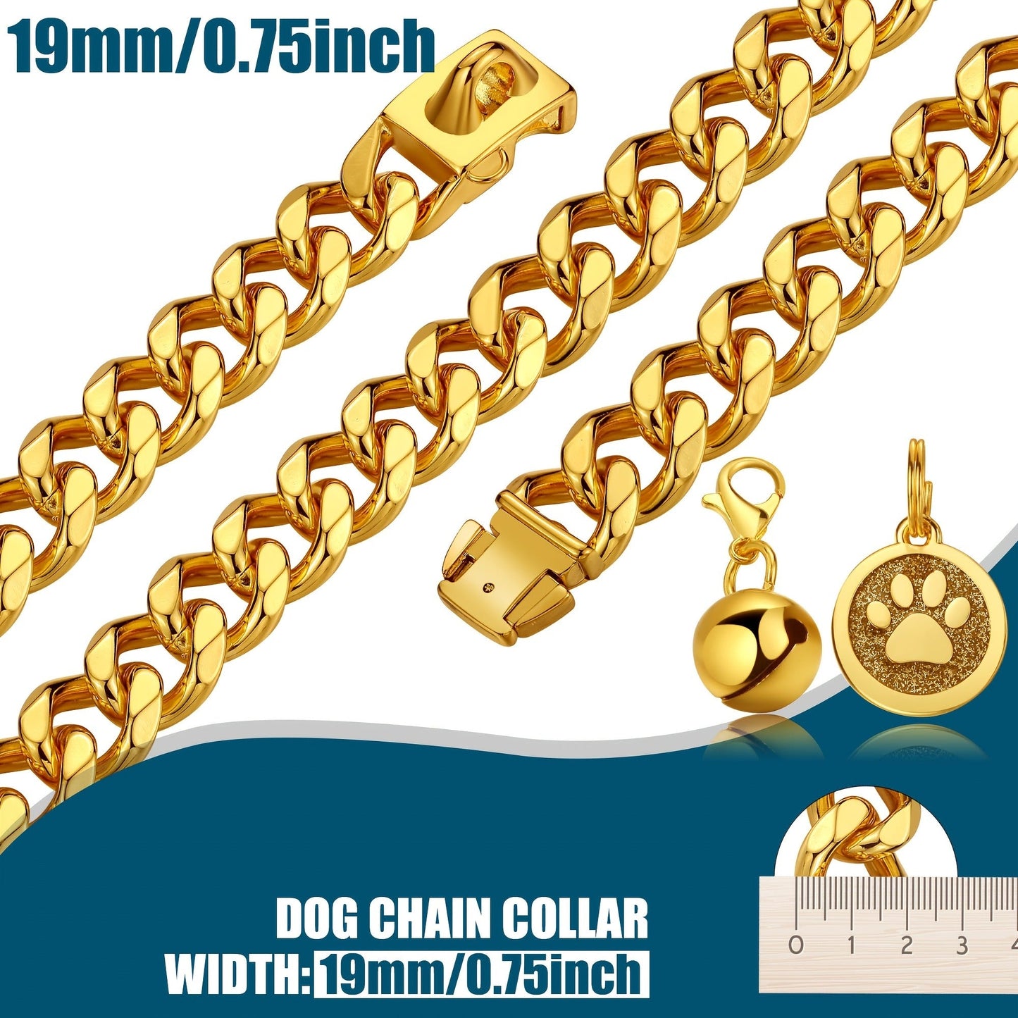 Cuban Link Dog Chain Collar – 19mm Gold Plated Stainless Steel with Snap Lock, 6 Sizes for Puppy Small Medium Large Dogs