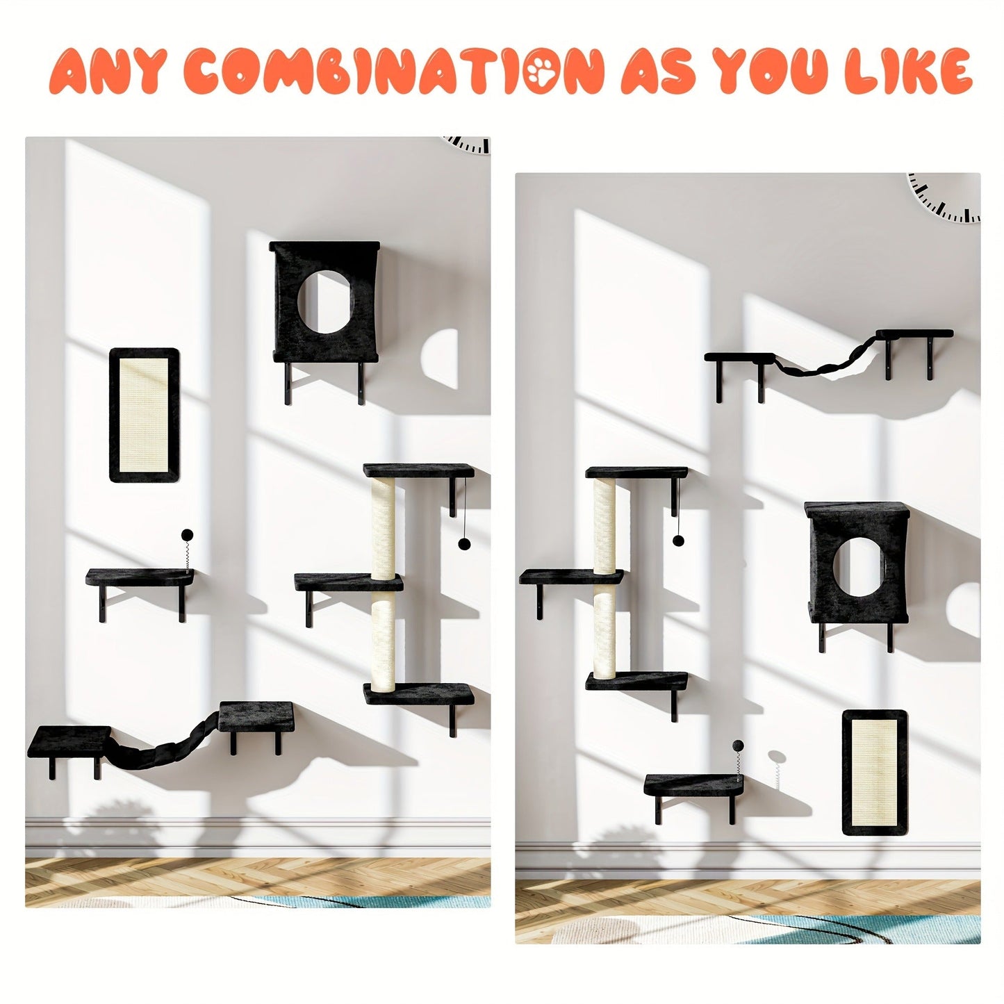 Cat Wall Shelves 5-Piece Set - Wall-Mounted Cat Furniture with Floating Perch, Cat Climber, Bridge & Cat Bed, Modern Cat Tree Alternative for Indoor Cats, Black / Grey / Beige