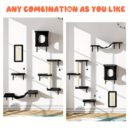 Cat Wall Shelves 5-Piece Set - Wall-Mounted Cat Furniture with Floating Perch, Cat Climber, Bridge & Cat Bed, Modern Cat Tree Alternative for Indoor Cats, Black / Grey / Beige