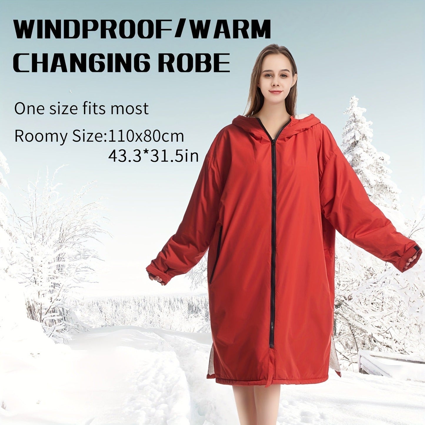 Changing Robe Fleece Lined Hooded – Long Sleeve Windproof Warm Surf Poncho for Swimming, Surfing, Diving, Camping & Hiking – 43.3x31.5in, 4 Colors: Navy, Black, Red, Blue