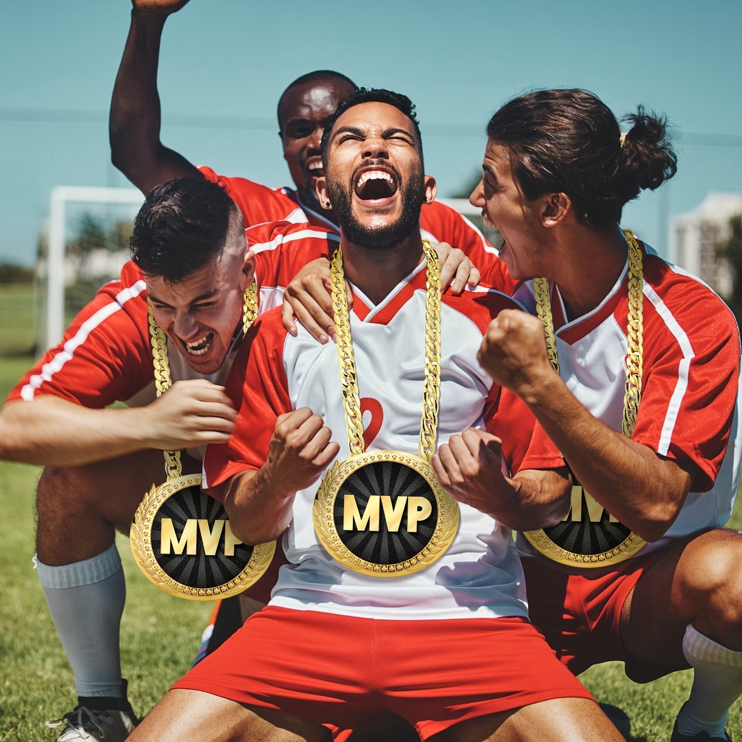 MVP Championship Turnover Chain Medal – 6 Inch Big Golden Champ Award Necklace for Baseball Basketball Football Soccer Softball Volleyball Sports Competitions, Party Favors & Prize Gifts