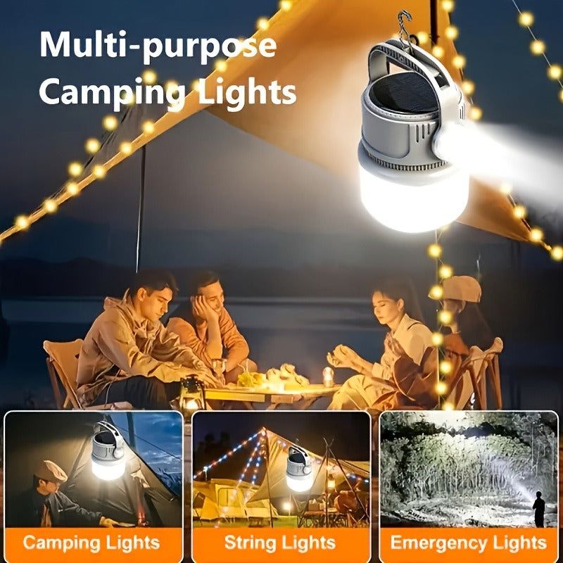 Solar LED Camping Light with Hook – 6 Modes, USB-C Rechargeable, 300LM, IPX4 Waterproof, Emergency Power Bank, Portable Tent Light for Camping, Hiking & Power Outages