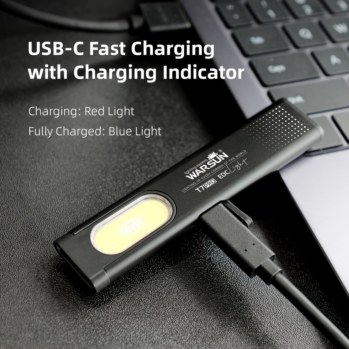 COB Pocket Flashlight USB-C Rechargeable, WARSUN T7 120LM LED Torch with 5 Modes, COB Side Light, Compact EDC Flashlight, Fast Charging, Aluminum Alloy, for Camping Reading Emergency Everyday Carry