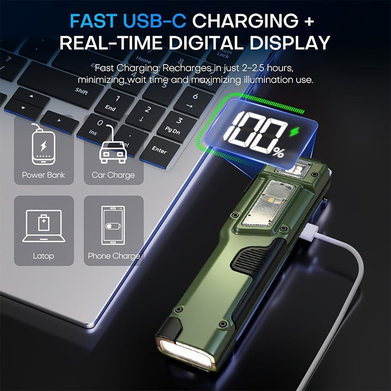 EDC Tactical Flashlight Set 2-Pack - Flat LED Torch + Mini Backup Light, 8 Modes LCD Display, USB-C Rechargeable, Aluminum Body with Back Clip for Camping, Survival & Gift