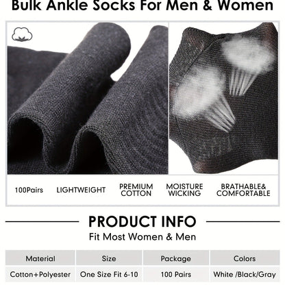 Bulk Moisture-Wicking Ankle Socks 100 Pairs Unisex Men Women Casual Sports Gym Socks Black White Gray One Size Fits Most
