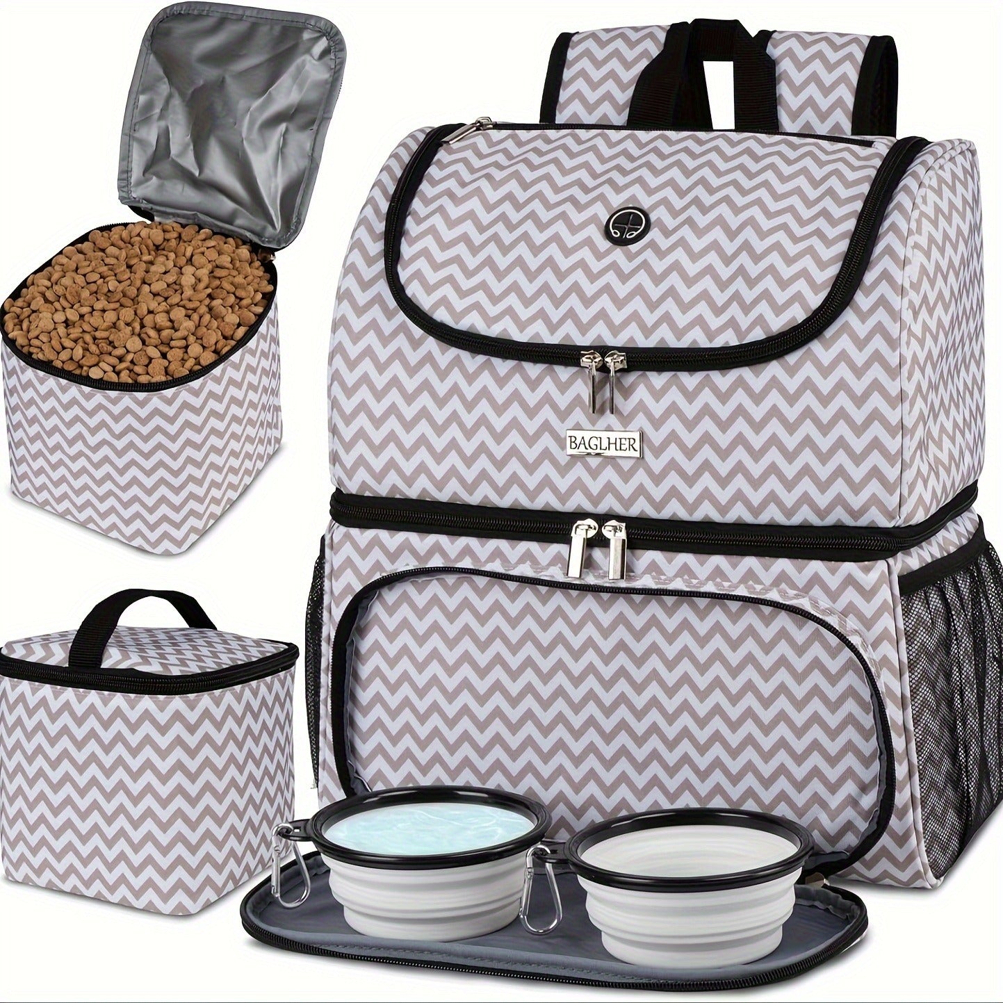 Pet Travel Backpack Double Layer Dog Cat Supplies Bag with 2 Collapsible Bowls 2 Food Baskets Portable Organizer for Outdoor Hiking Camping Road Trip