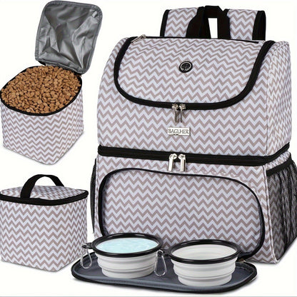 Pet Travel Backpack Double Layer Dog Cat Supplies Bag with 2 Collapsible Bowls 2 Food Baskets Portable Organizer for Outdoor Hiking Camping Road Trip