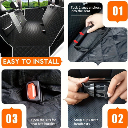 Dog Car Seat Cover Pet Hammock Waterproof Scratchproof Non-Slip Back Seat Protector with Mesh Windows & Storage Pockets, Universal Fit for Cars Trucks SUVs, Durable Nylon Pet Travel Accessory