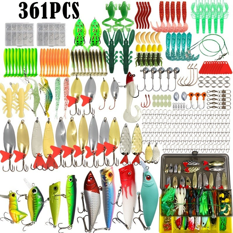 Fishing Lures Kit 361pcs with Tackle Box - Minnow, Spoon, Frog, Soft Worm, Jig Head & Spinner Baits Set for Saltwater & Freshwater Bass, Trout & Pike Fishing