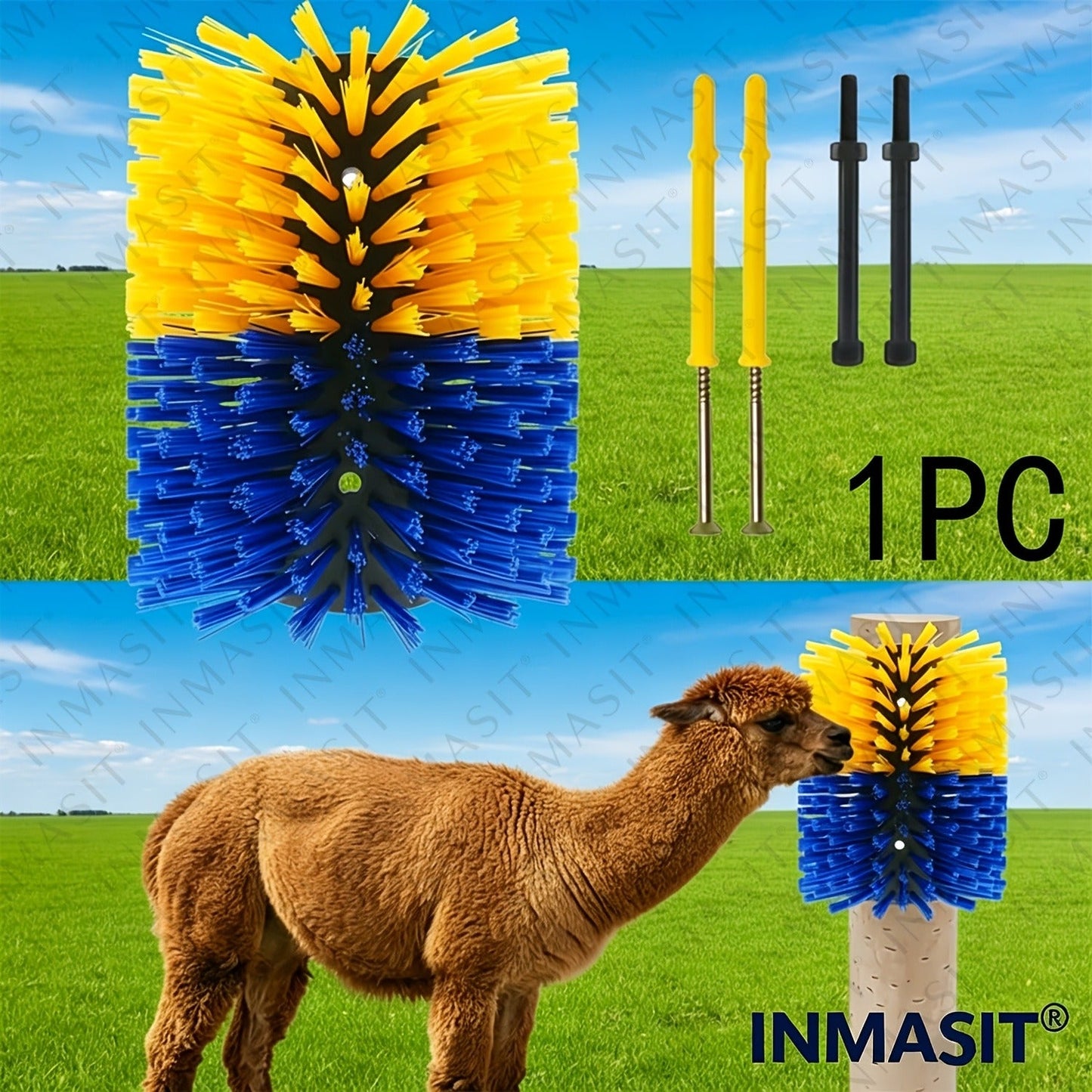 Livestock Grooming Brush Scratcher 8.7" – All-in-One Massage & Itch Relief Tool for Horse, Cow, Goat & Pig | Easy Install with 4 Screws, Battery-Free Stress Reduction, Red/Blue & Yellow/Blue