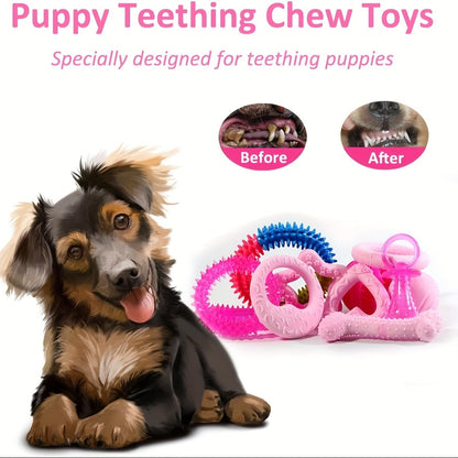 Puppy Teething Chew Toys Pink Bundle 5 or 8 Pack Soft Dog Toothbrush Toy & Interactive Chew Balls for Small Dogs - Cute Puppy Toy Set for Teething Relief & Dental Care