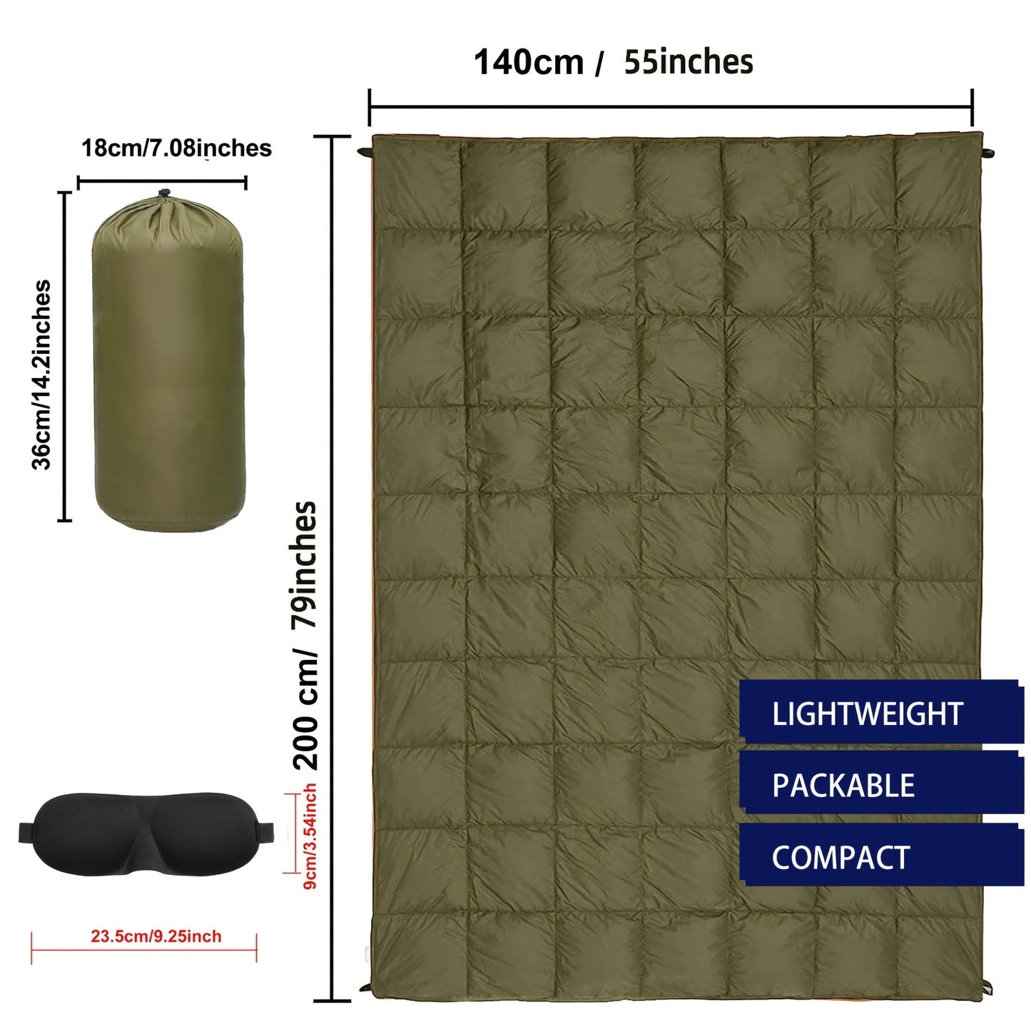 Puffy Camping Blanket Foldable Lightweight Water Resistant with 3D Eye Mask - DWR Coated Outdoor Blanket for Camping, Hiking, Travel, Beach, Stadium & Car, Warm Packable Throw in 4 Colors, 55" x 78"