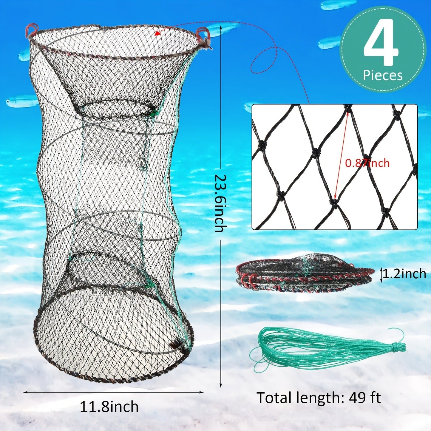 Collapsible Fishing Trap Net 4 Pack - Crab Crawfish Minnow Lobster Shrimp Bait Cage with 49ft Rope, 12x24 Inch Foldable Fish Trap, Durable PA Nylon, Portable Freshwater Saltwater Fishing Gear