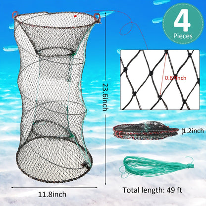 Collapsible Fishing Trap Net 4 Pack - Crab Crawfish Minnow Lobster Shrimp Bait Cage with 49ft Rope, 12x24 Inch Foldable Fish Trap, Durable PA Nylon, Portable Freshwater Saltwater Fishing Gear