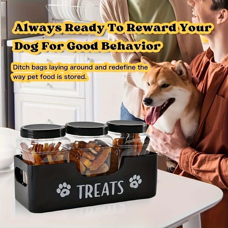 Airtight Pet Food Storage Container Set - 3pcs Plastic Jars with Lids, Farmhouse Style Snack Box for Dogs & Cats, Durable BPA-Free Treat Organizer, Kitchen Counter Canister Set, Black