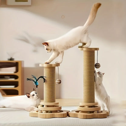 Cat Scratching Post Sisal Vertical Scratcher – Solid Wood Base, Wear-Resistant Rope, Multiple Styles: Standard, Mushroom & Dolphin Shapes, Sizes S/M/L, Cat Climbing Frame with Teaser Wand