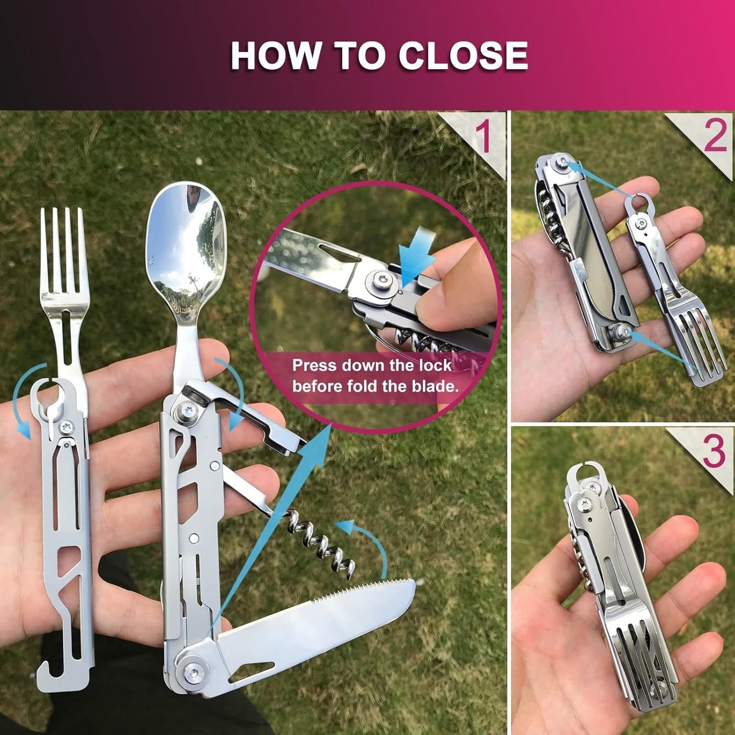 Portable Travel Cutlery Set – Removable Spoon, Fork & Knife with Bottle Opener – Compact Stainless Steel Utensils for Camping, Hiking, Picnic & Everyday Carry, Silver