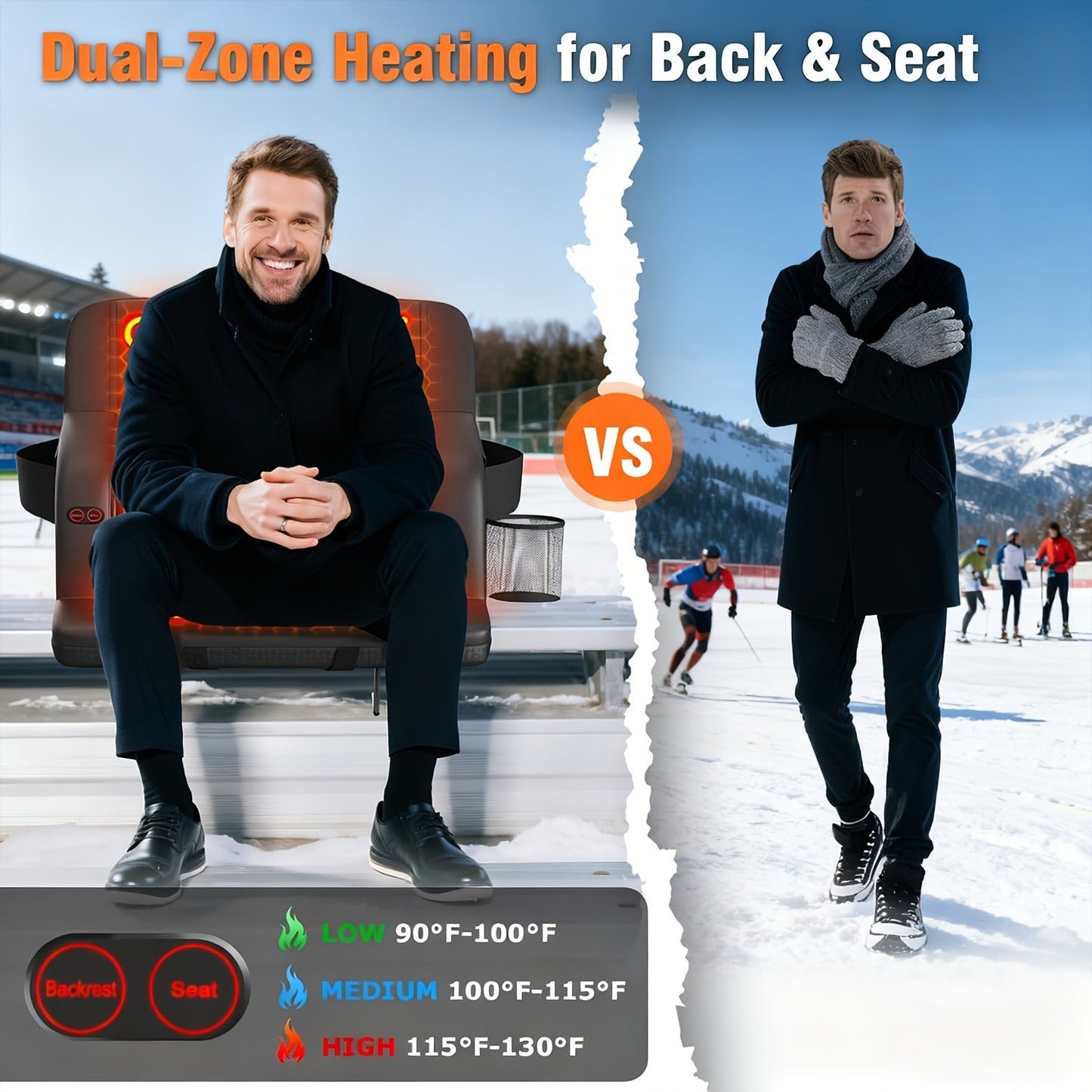 Heated Stadium Seat with Back Support for Bleachers 6 Reclining Positions 3 Heat Levels Dual-Zone USB Heated Bleacher Chair with 5 Storage Pockets Adjustable Armrests Portable Backpack Strap for Sports Games Concerts Outdoor Events