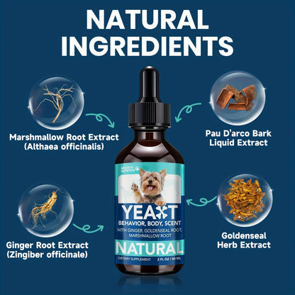 Yeast Supplement Drops for Dogs & Cats – No Odor Formula with Pau D’Arco Bark & Goldenseal Herb Liquid Extract | Easy-to-Use Pet Antifungal Support, 2 Fl Oz (60ml)