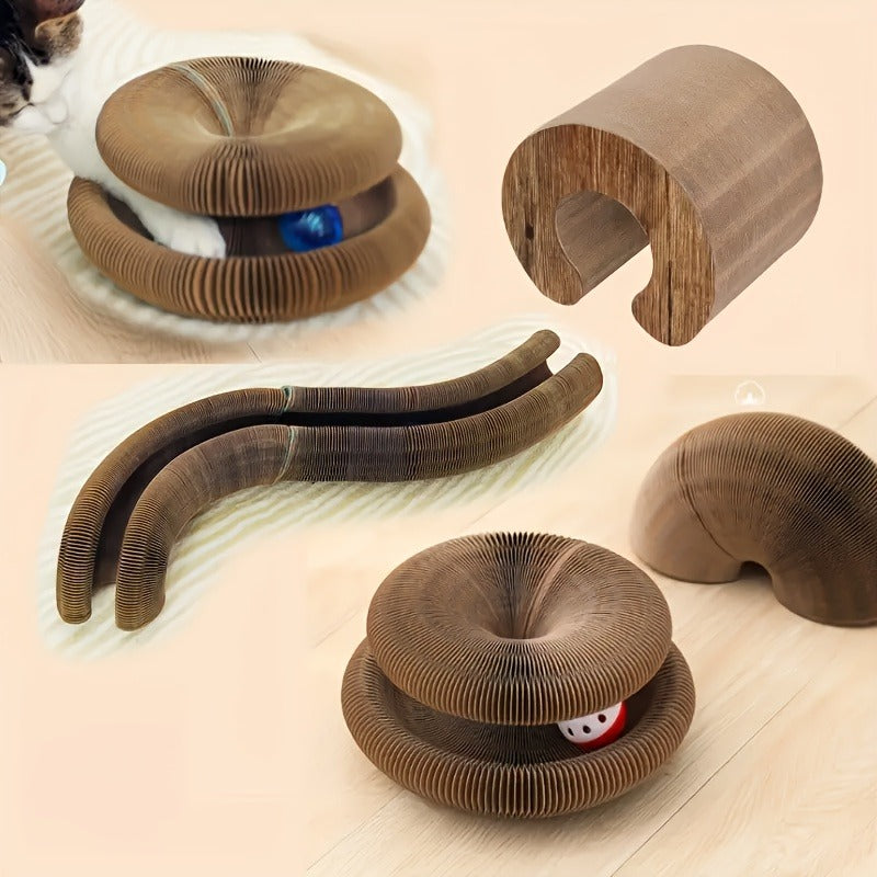 Cat Scratching Board with Ball Track & Bells - Foldable Organ Cardboard Scratcher Pad, Interactive Cat Toy for Indoor Cats, Wear-Resistant Corrugated Scratch Lounge