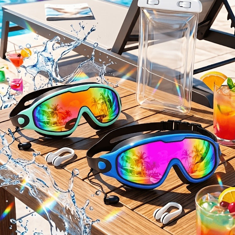 Anti-Fog Swimming Goggles Wide View UV Protection Swim Goggles for Adults Men Women Youth - Mirrored Lens with Earplugs Nose Clip for Triathlon Pool Open Water Training