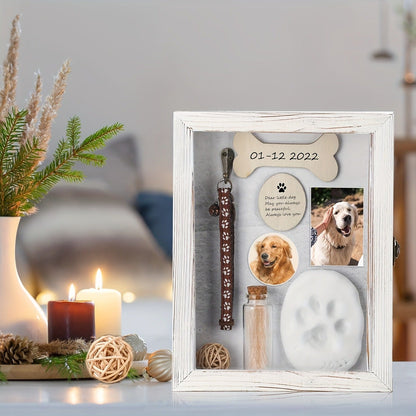 Pet Memorial Shadow Box 8x10 Wood Frame Display Case with Paw Print Kit Small Bottle & Pins, Dog Cat Urn Ashes Keepsake Box for Loss Pet Remembrance Memory Gift, 1 Set