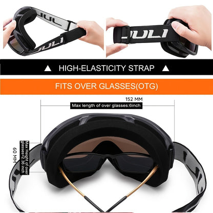 OTG Ski Goggles Double Layer Lens VLT12% – Over-the-Glasses Snow Goggles for Men, Women & Teens, Anti-Fog UV Protection for Alpine Skiing, Snowboarding, Skating & Snowmobile, Black/Silver