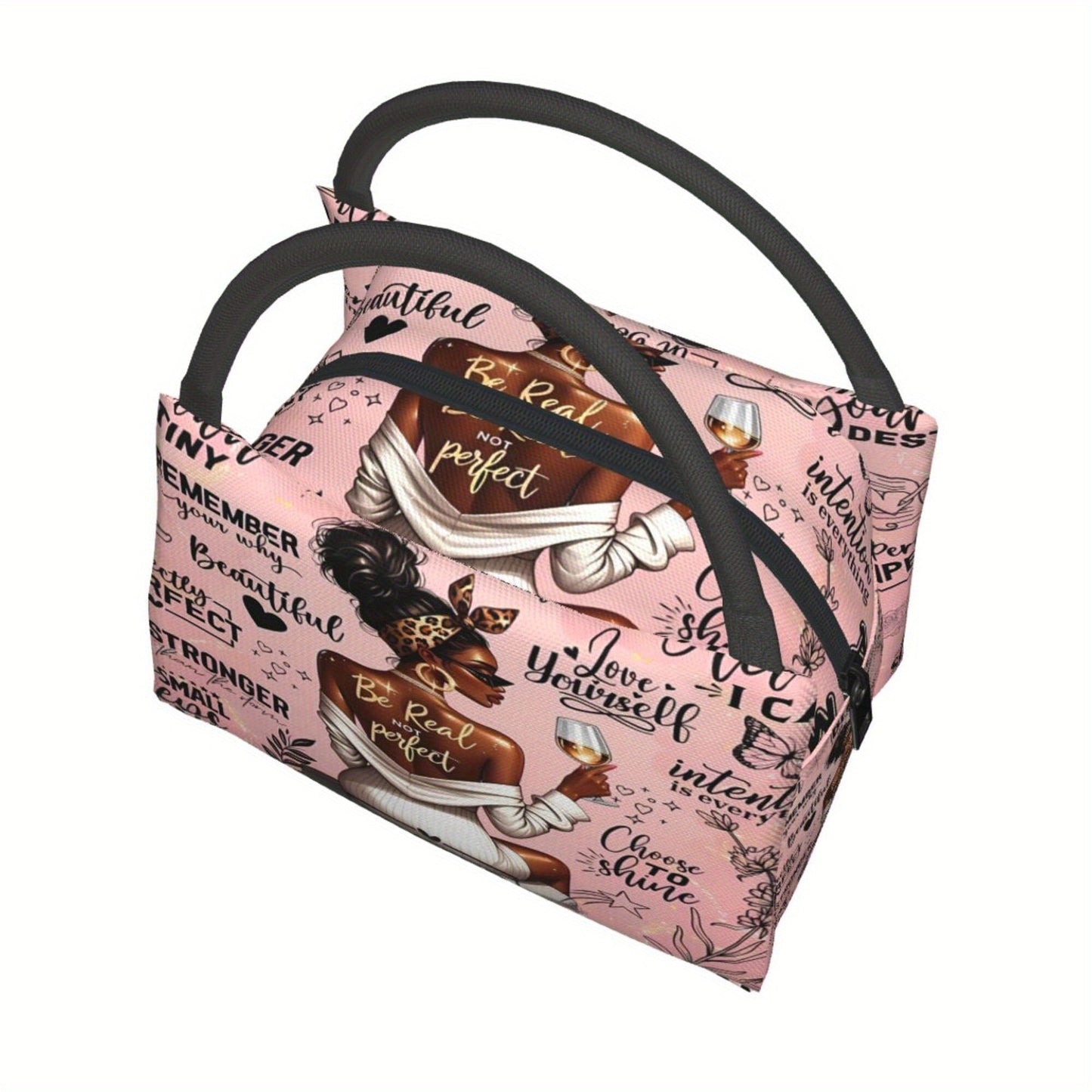 Insulated Lunch Bag with Black Girl Wine Tasting Pattern - Portable Reusable Cooler Bag for Camping, Picnic, Beach, Office & Outdoor Use, Perfect Birthday & Holiday Gift for Women, 10.6 x 6.3 x 6.7 in