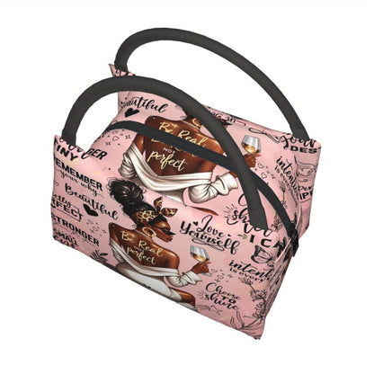 Insulated Lunch Bag with Black Girl Wine Tasting Pattern - Portable Reusable Cooler Bag for Camping, Picnic, Beach, Office & Outdoor Use, Perfect Birthday & Holiday Gift for Women, 10.6 x 6.3 x 6.7 in