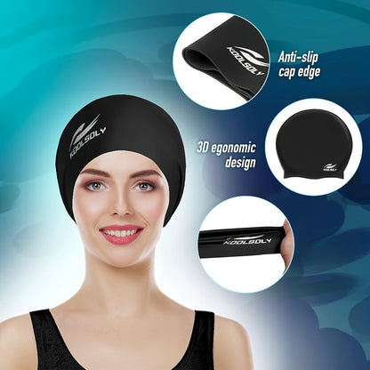 Silicone Swimming Cap 2-Pack – Ear Protection for Long Hair, Includes Earplugs & Nose Clip | Women Men Swim Cap Set