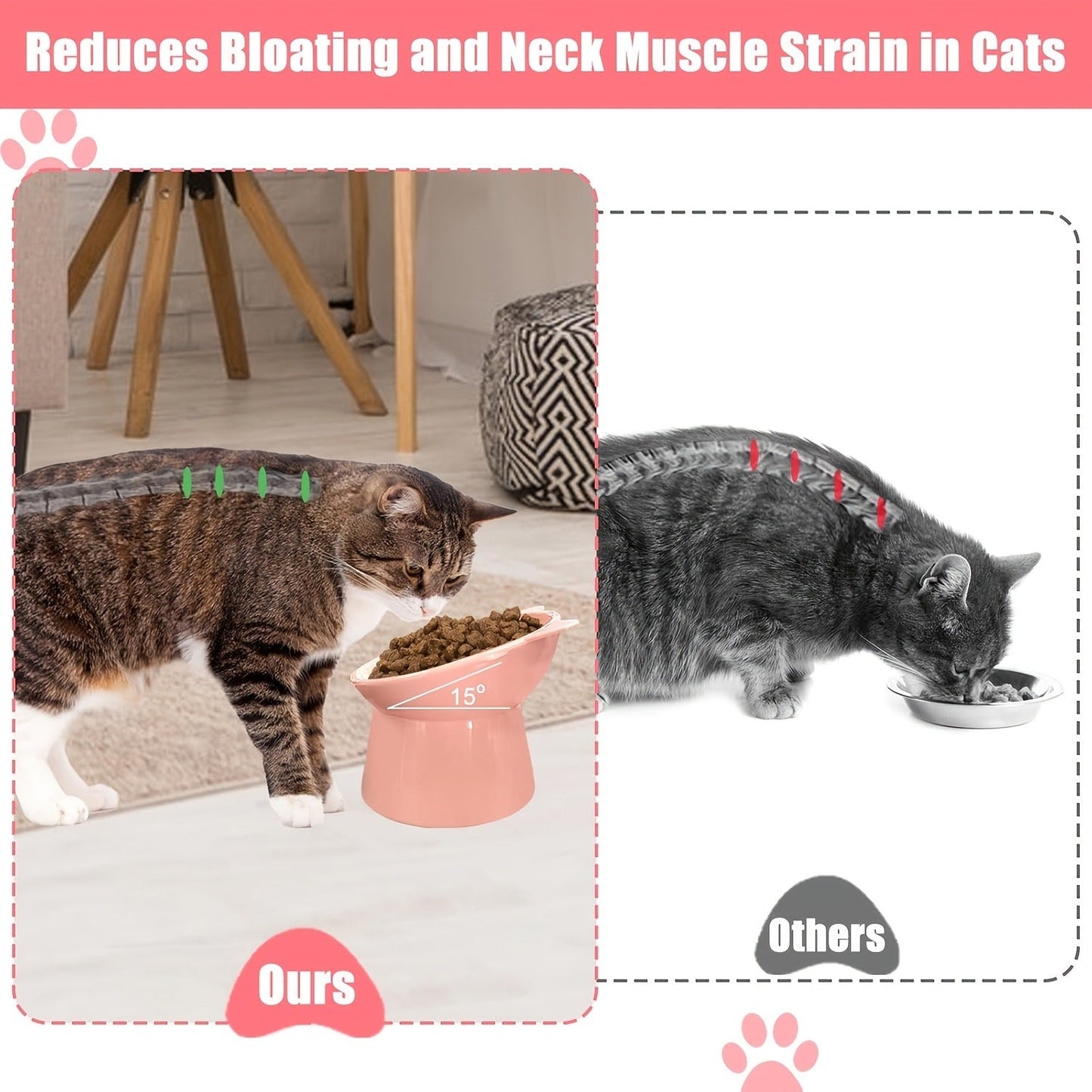 Cat Ear Shaped Raised Cat Bowls Set of 3 - Elevated Feeder Anti-Slip Base Neck Comfort Design, Pink Green Blue Feeding Dish for Cats & Small Pets